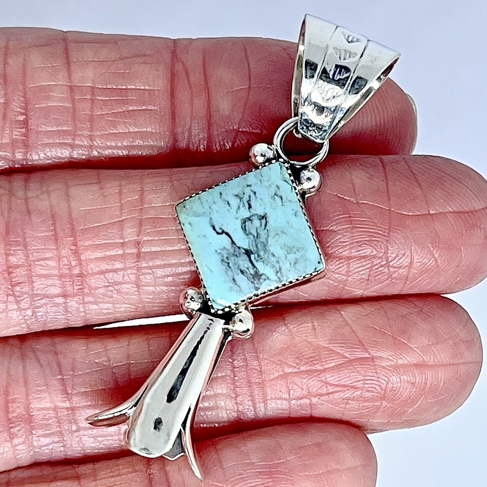 Navajo Squash Blossom Turquoise Pendant 2in Sterling Naja Coho Native American